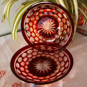 Pair MCM Bohemian Ruby Cut-to-Clear Coin Optic Glass Bowls Czech Art Glass
